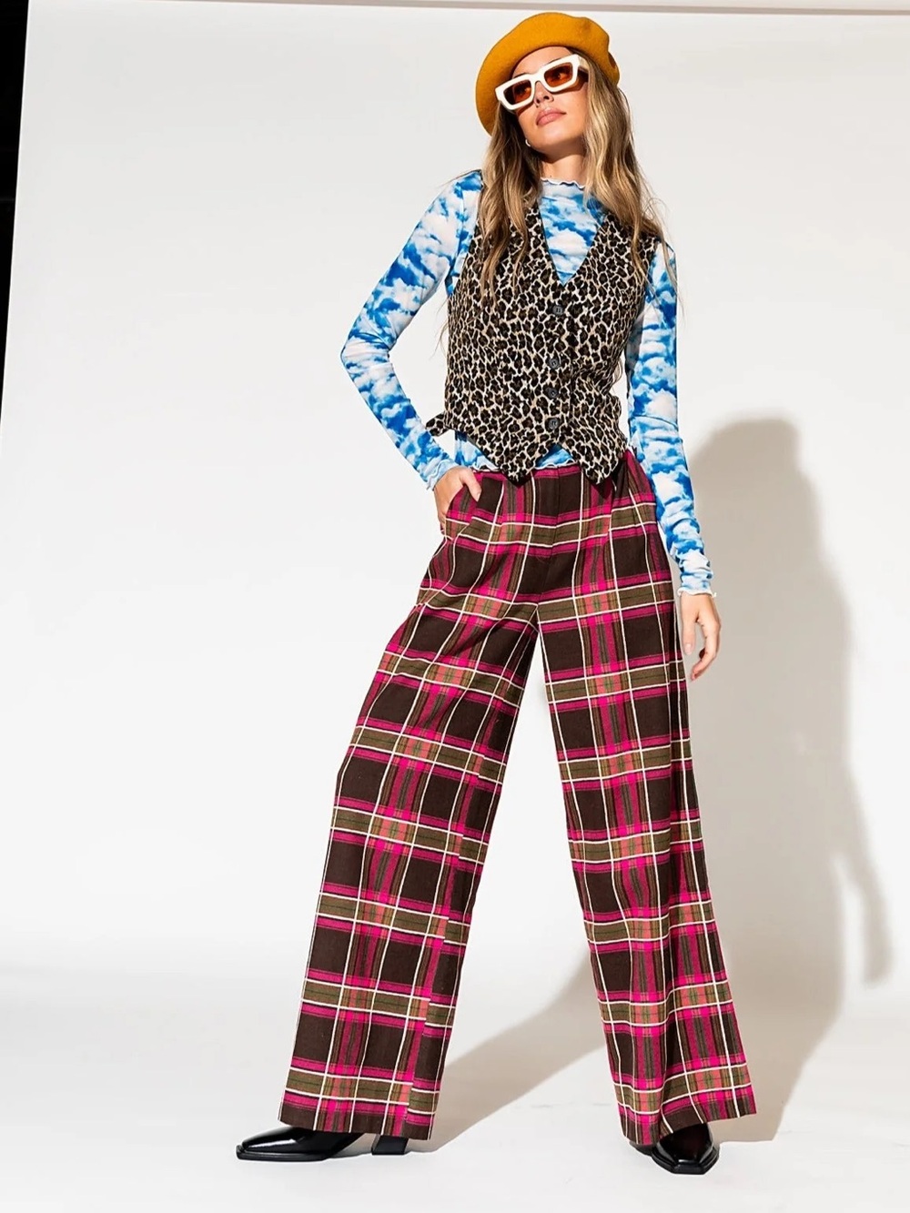 Dressed in LALA Lovers Lane Plaid Wide Leg Trousers in Pink
